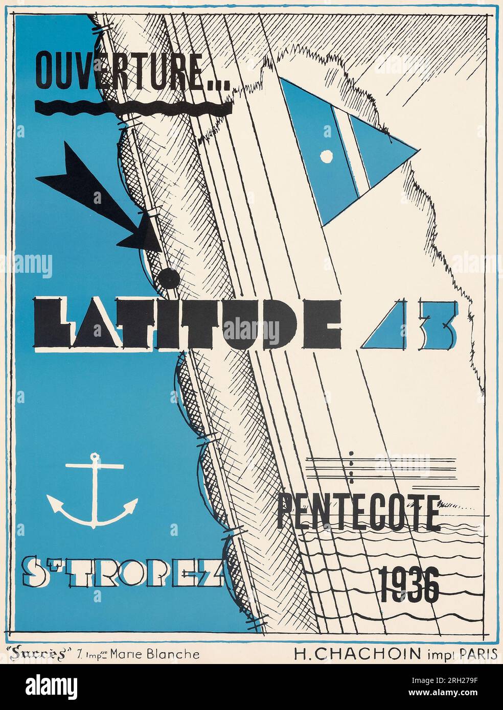 Affiche de voyage vintage - Latitude 43 à Saint-Tropez, Pentecote, France (1936) artiste inconnu. Banque D'Images