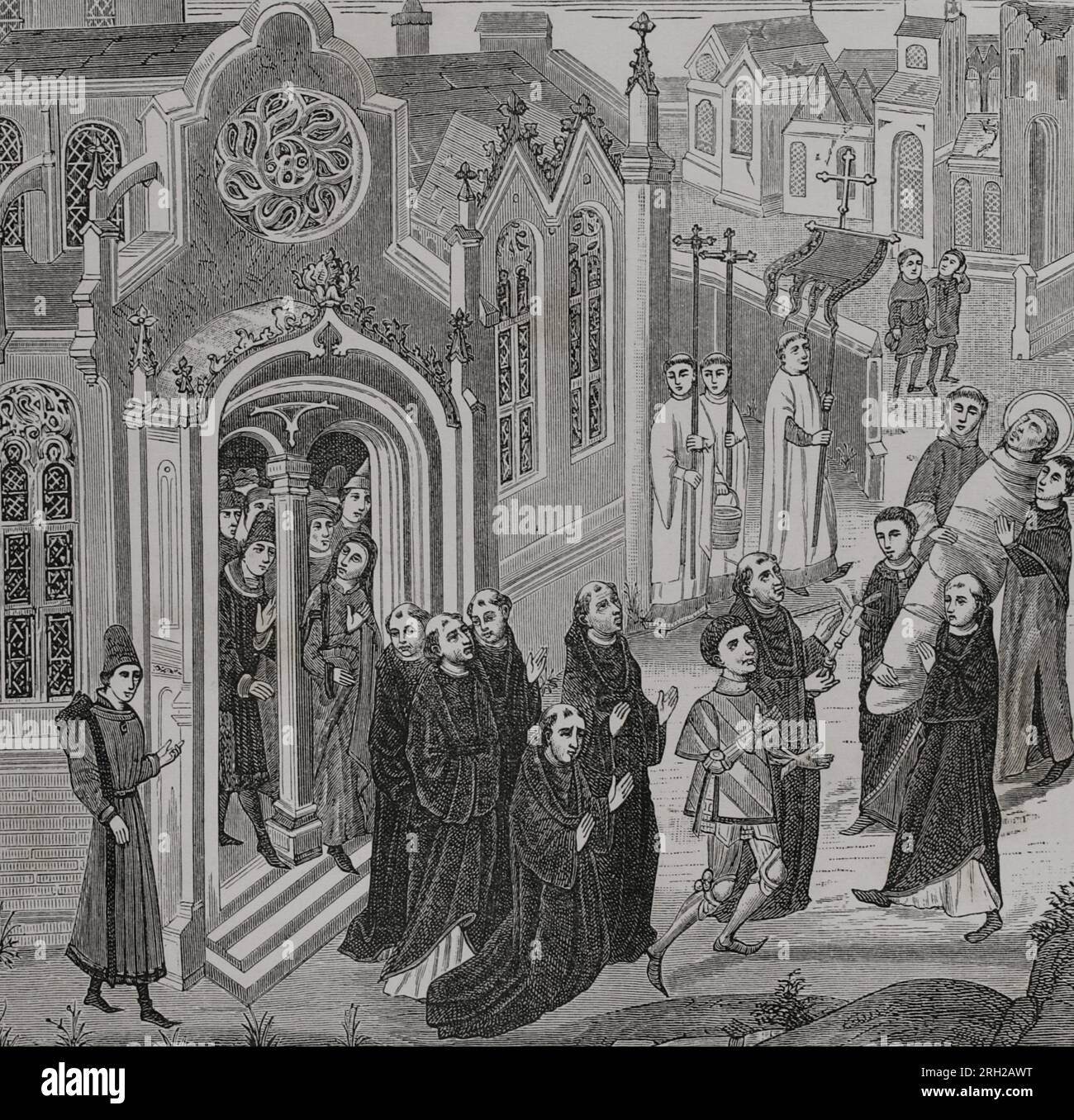 Monastère bénédictin de Vézelay, en Bourgogne, France. Le moine Baudillon a apporté des reliques de Marie-Madeleine de Saint-Maximin-la-Sainte-Baume à Vézelay. Le pape Étienne IX proclame l'authenticité des reliques en 1058. Portée légendaire de Baudillon et du comte carolingien Gérard de Roussillon (810-874), qui avait fait don du terrain pour la construction du monastère. Gravure d'après une miniature dans 'chroniques de Hainaut', 1446-1448. « Vie militaire et religieuse au Moyen Age et à l'époque de la Renaissance ». Paris, 1877. Banque D'Images