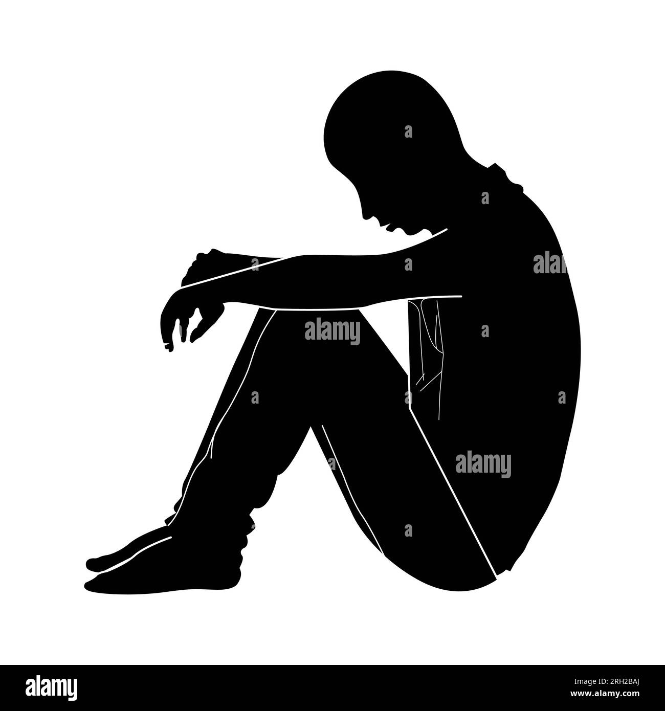 Silhouette déprimée d'une personne assise sur le sol sur un fond blanc. Illustration de Vecteur