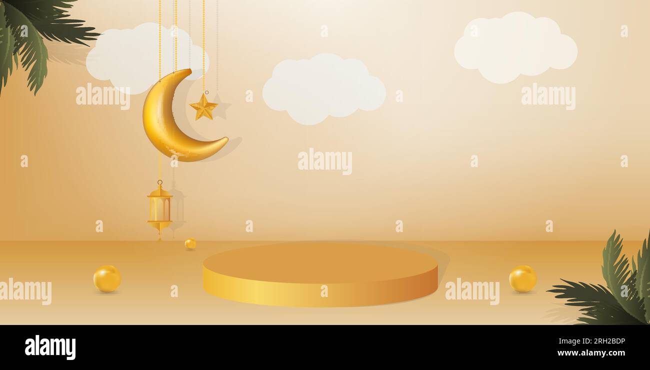 Plate-forme de podium fond islamique eid, podium Eid Mubarak 3D avec croissant suspendu et modèle de lampe. Illustration de Vecteur
