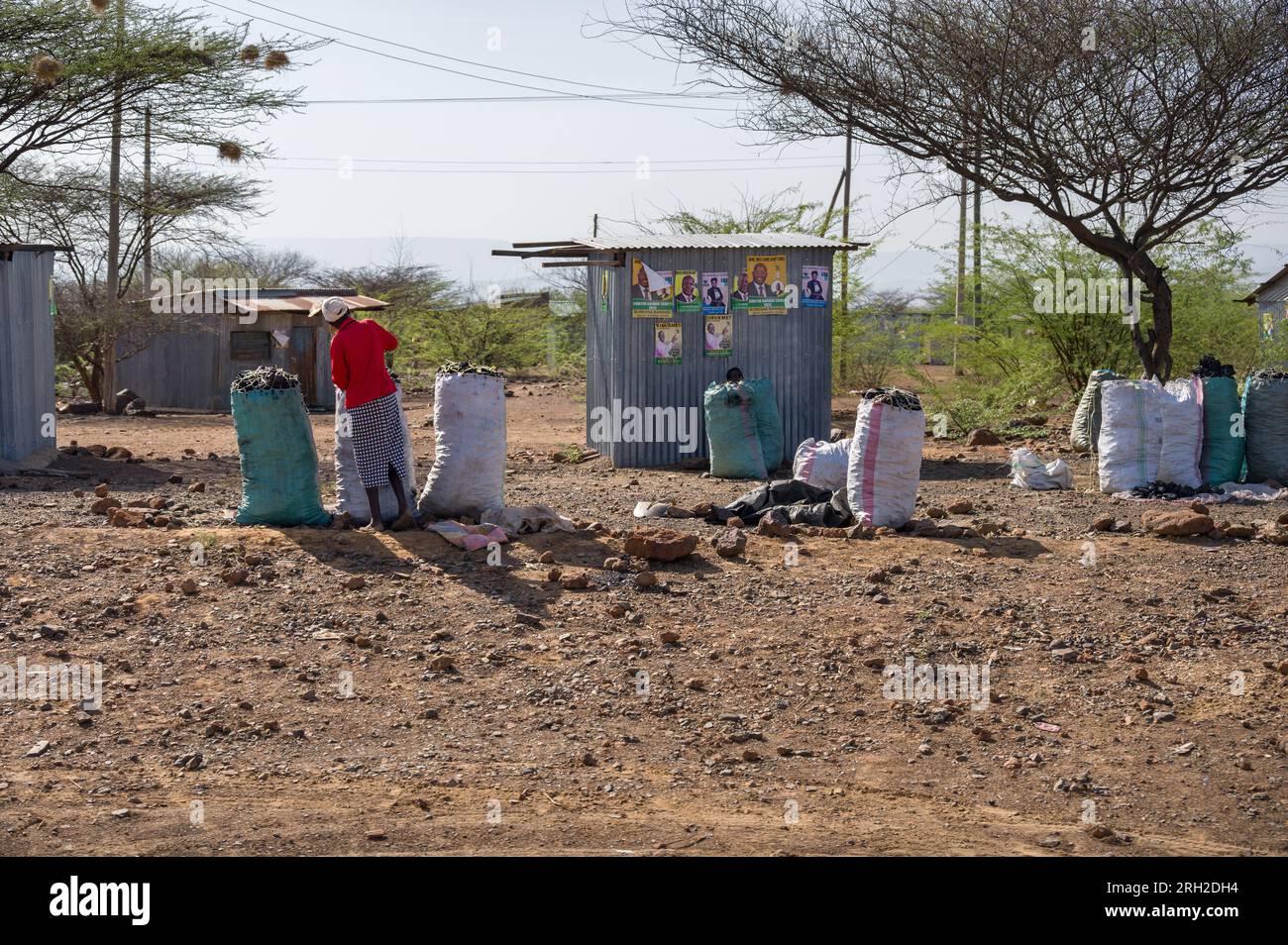 Une kényane debout devant de grands sacs de charbon de bois à vendre, Nakuru, Kenya Banque D'Images