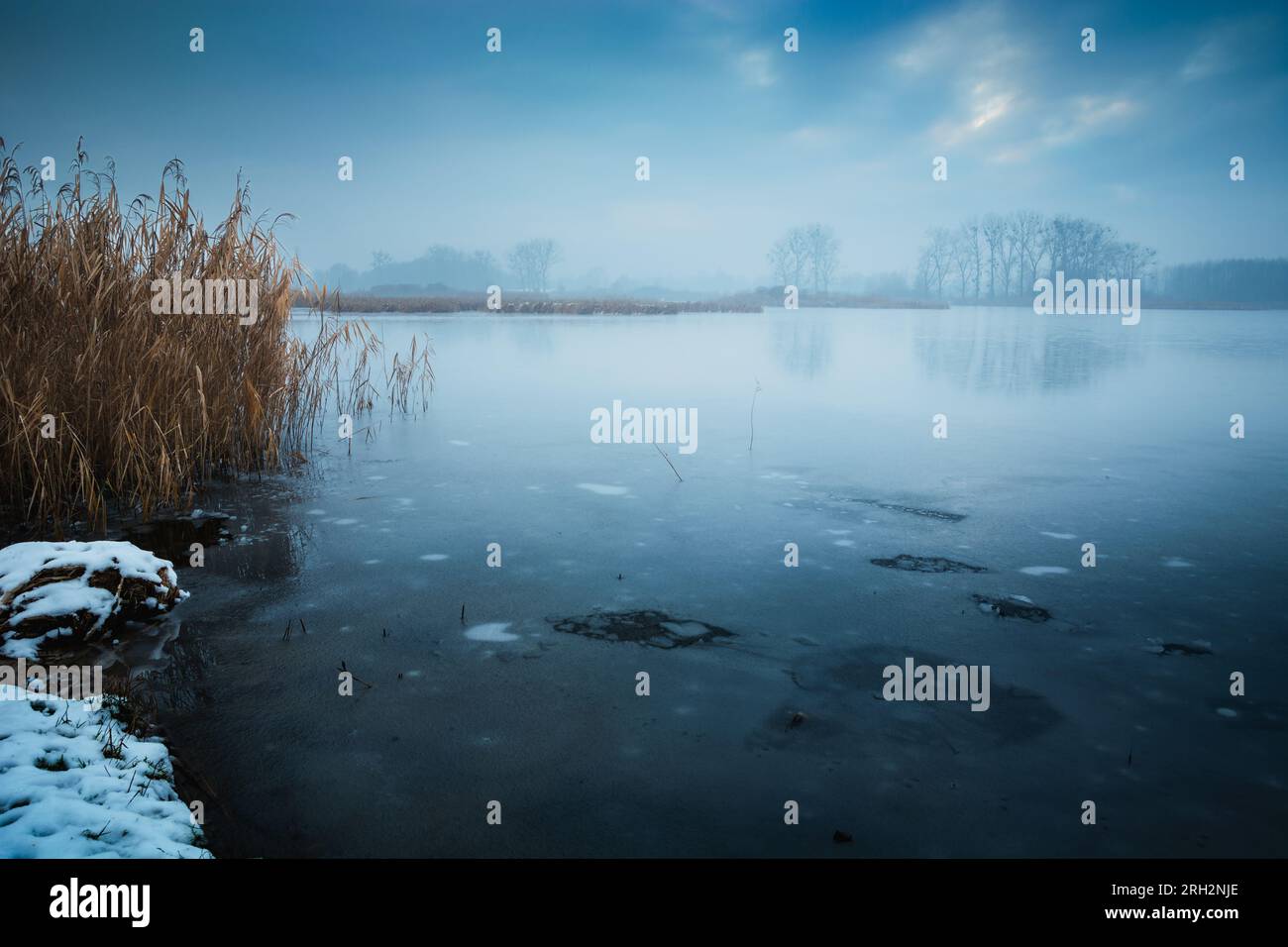 Paysage d'hiver avec vue sur la rive d'un lac gelé par un jour brumeux, Stankow, Pologne orientale Banque D'Images