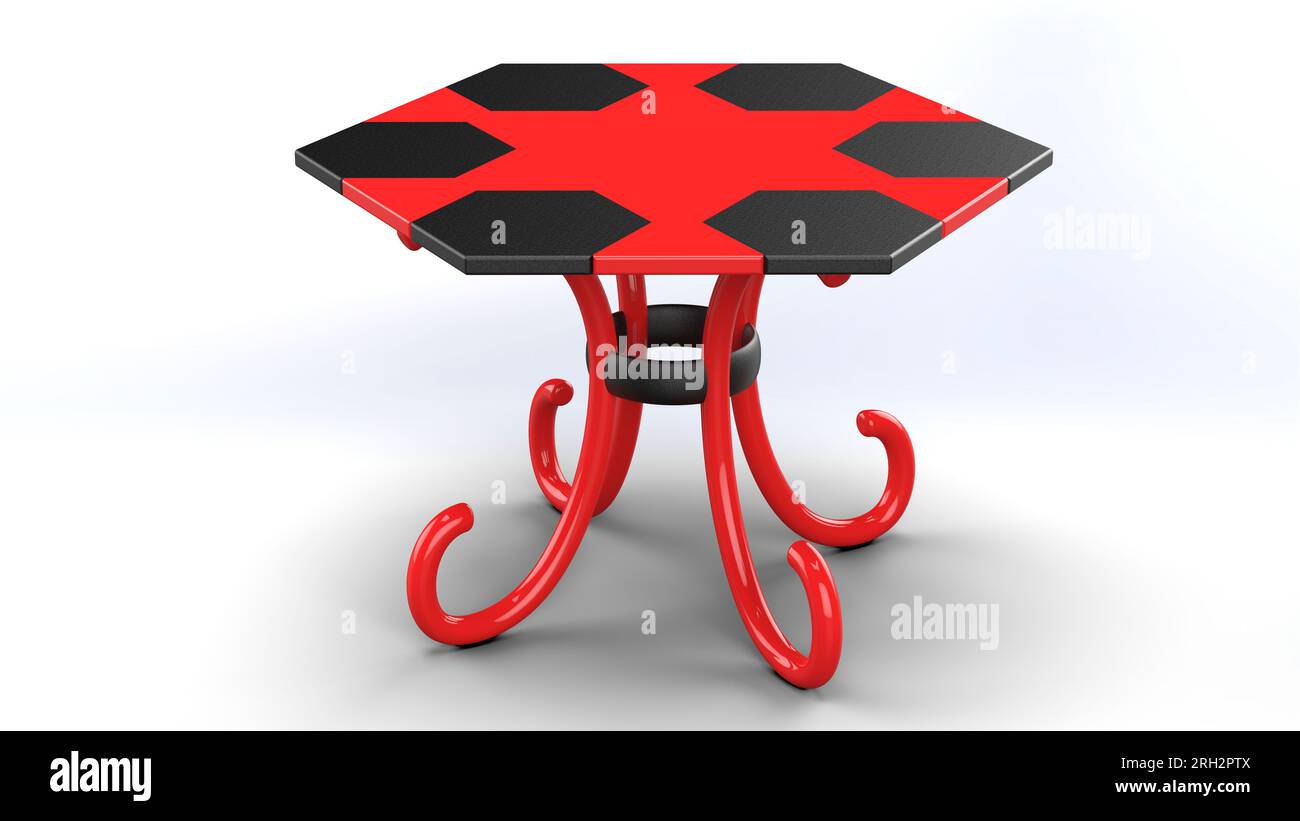 Table hexagonale rouge noire. Table basse décorative avec pieds rouges incurvés. Présentation de rendu 3D de conception de produit sur fond blanc Banque D'Images