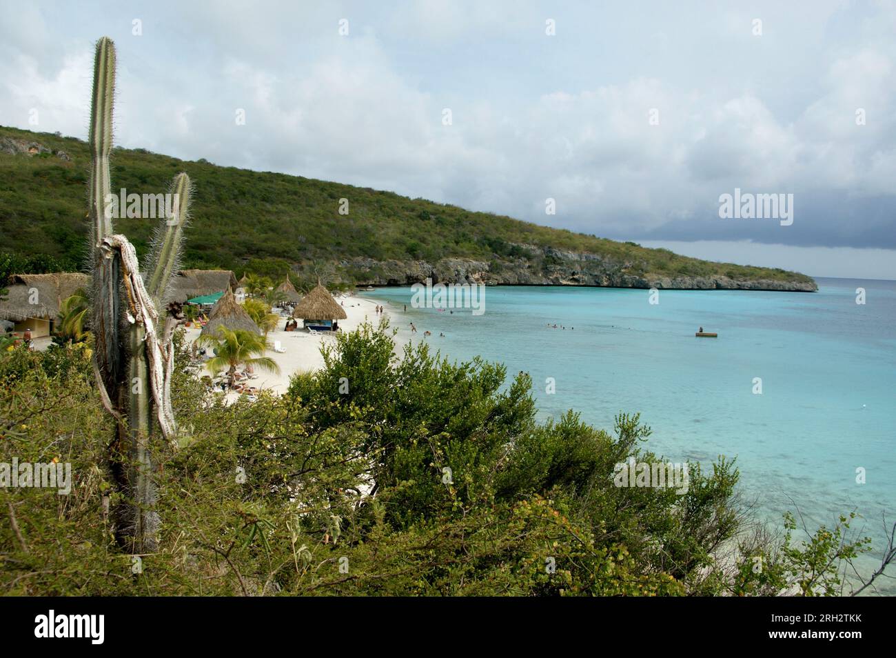 Vue sur la plage de cas Abao, située entre Willemstad et Westpunt sur l'île de Curaçao : plage de sable, cactee, baigneurs et radeau dans la mer bleue Banque D'Images