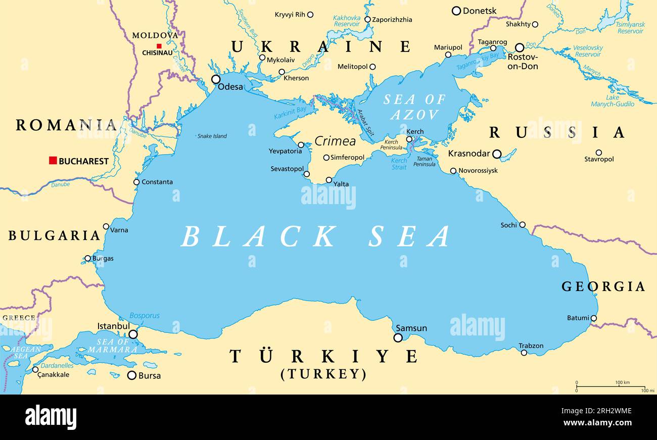 Région de la mer Noire, carte politique. Situé entre l'Europe et l'Asie, avec la Crimée, la mer d'Azov, la mer de Marmara, le Bosphore, Dardanelles et détroit de Kertch. Banque D'Images