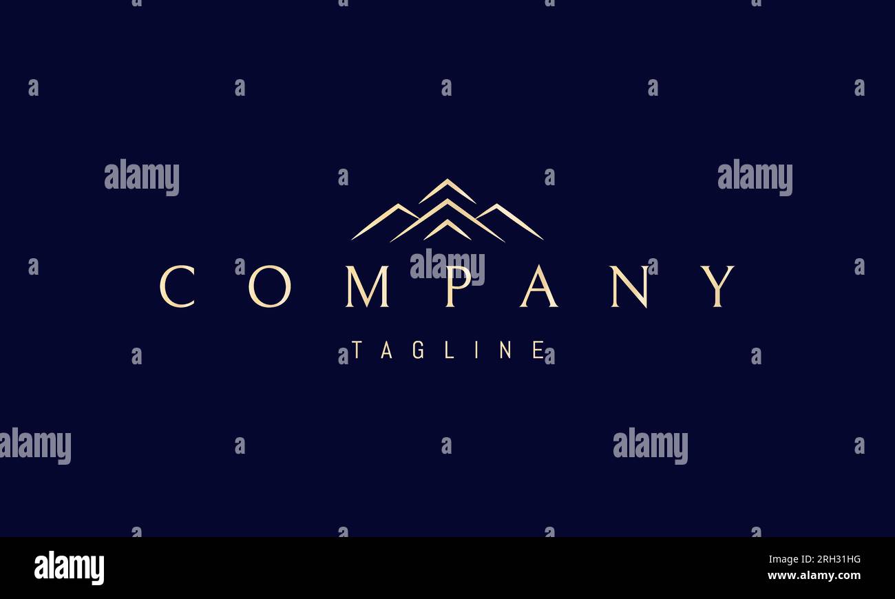 Vector logo doré sur lequel une image abstraite de plusieurs sommets de montagne qui ressemblent également à des toits. Illustration de Vecteur