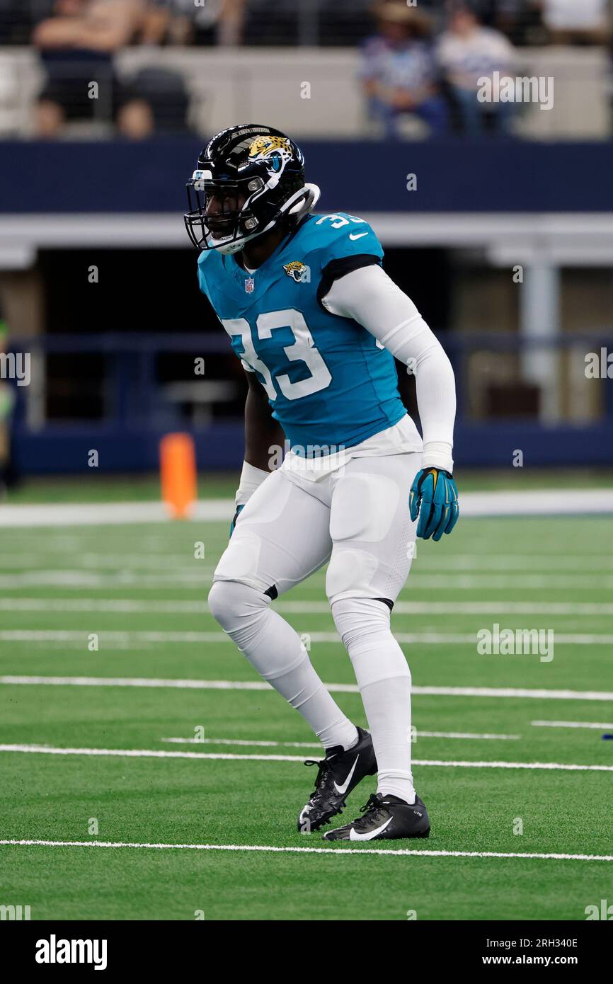 Jacksonville Jaguars linebacker Devin Lloyd (33) defends against the Dallas  Cowboys during an NFL Football game in Arlington, Texas, Saturday, August  12, 2023. (AP Photo/Michael Ainsworth Stock Photo - Alamy