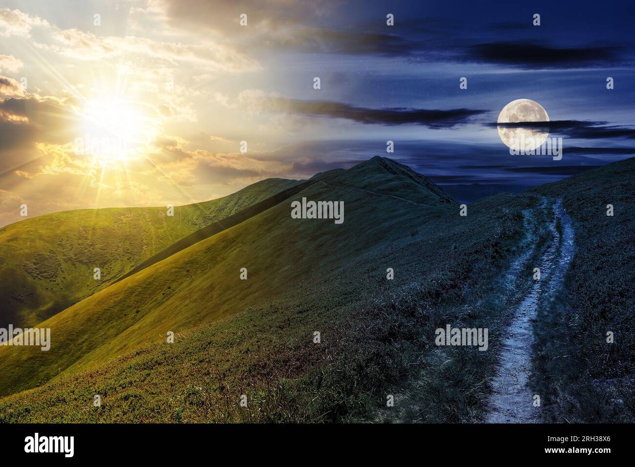 paysage de montagne avec soleil et lune au crépuscule. traverser le chemin à travers le flanc de la colline jusqu'au sommet de la montagne. concept de changement de jour et de nuit. mystérieux c Banque D'Images