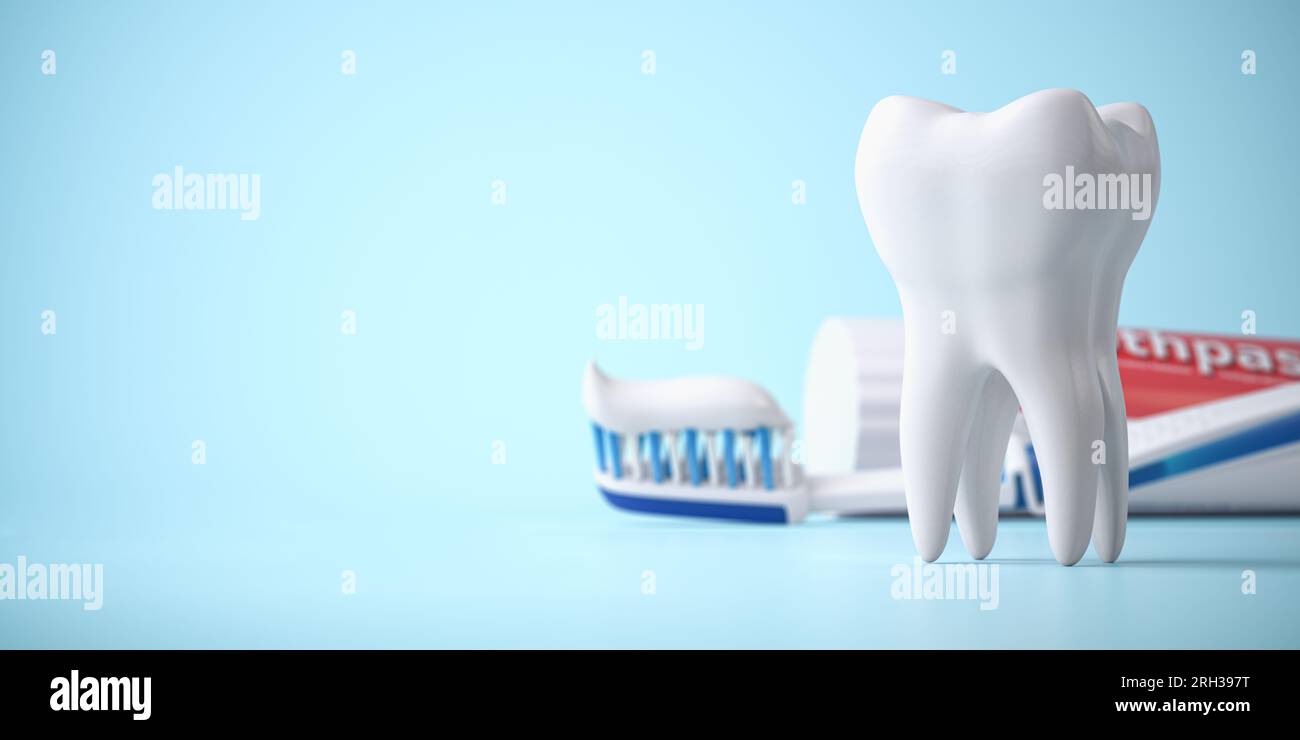 Dent avec pâte dentifrice et brosse à dents sur fond bleu. Soins dentaires, hygiène et santé bucco-dentaire. illustration 3d. Banque D'Images