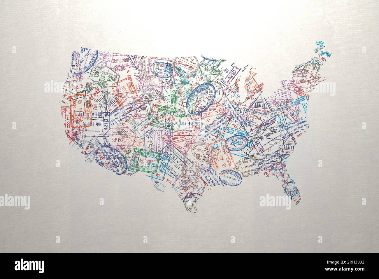 Carte des États-Unis à partir des timbres de visa de voyage de passeport. Concept de voyage et de tourisme aux États-Unis. illustration 3d. Banque D'Images