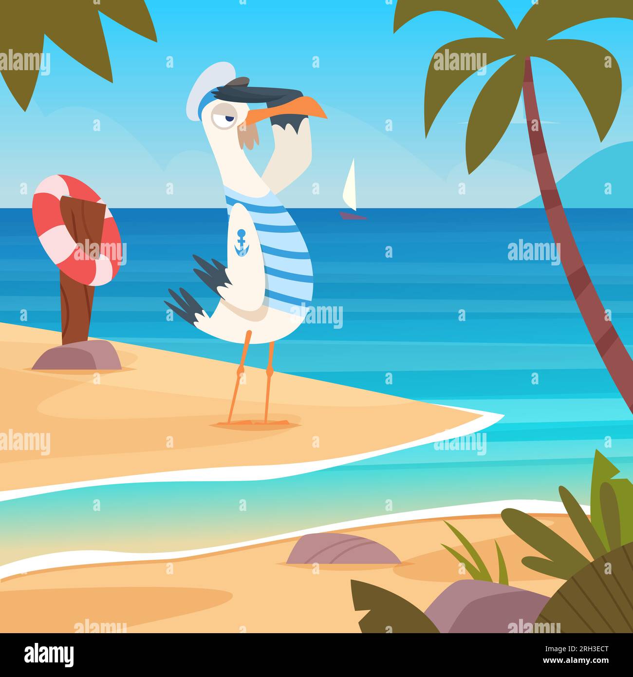 Seagull Sailor. Drôle d'oiseau de bande dessinée debout et regardant à l'horizon de la mer Illustration de Vecteur