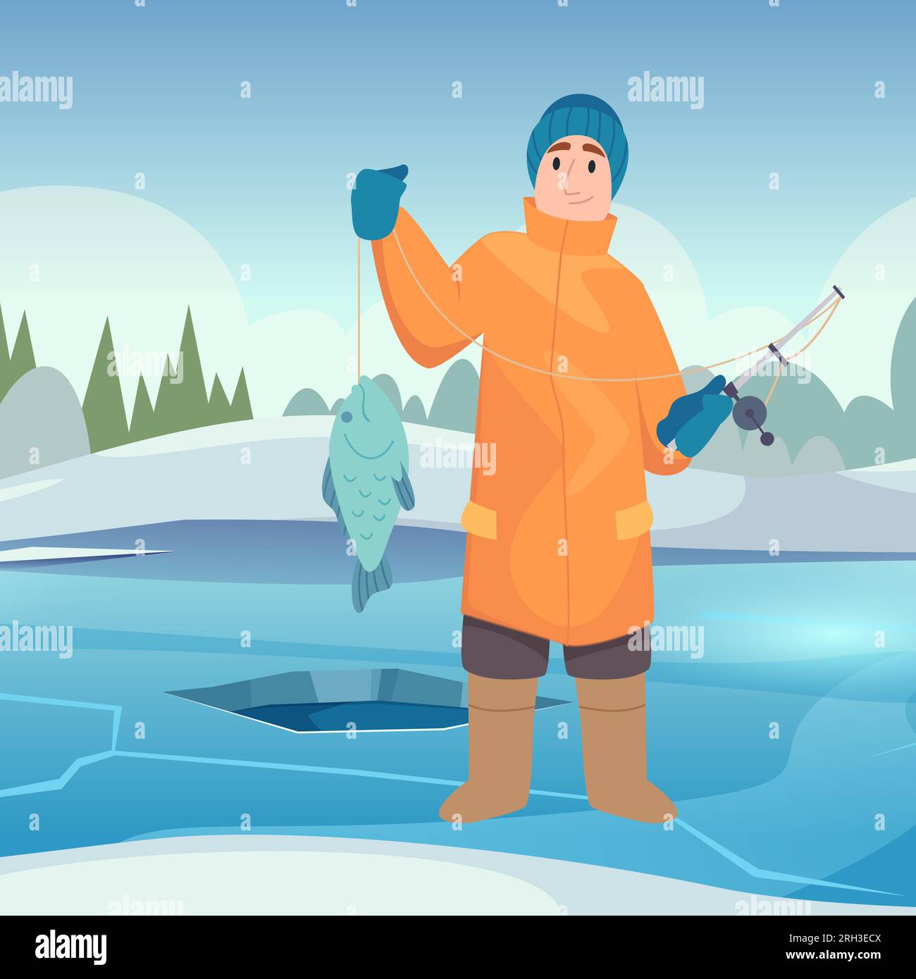 Pêche hivernale. Homme avec des poissons en plein air debout dans la saison d'hiver. Modèle de dessin animé vectoriel Illustration de Vecteur