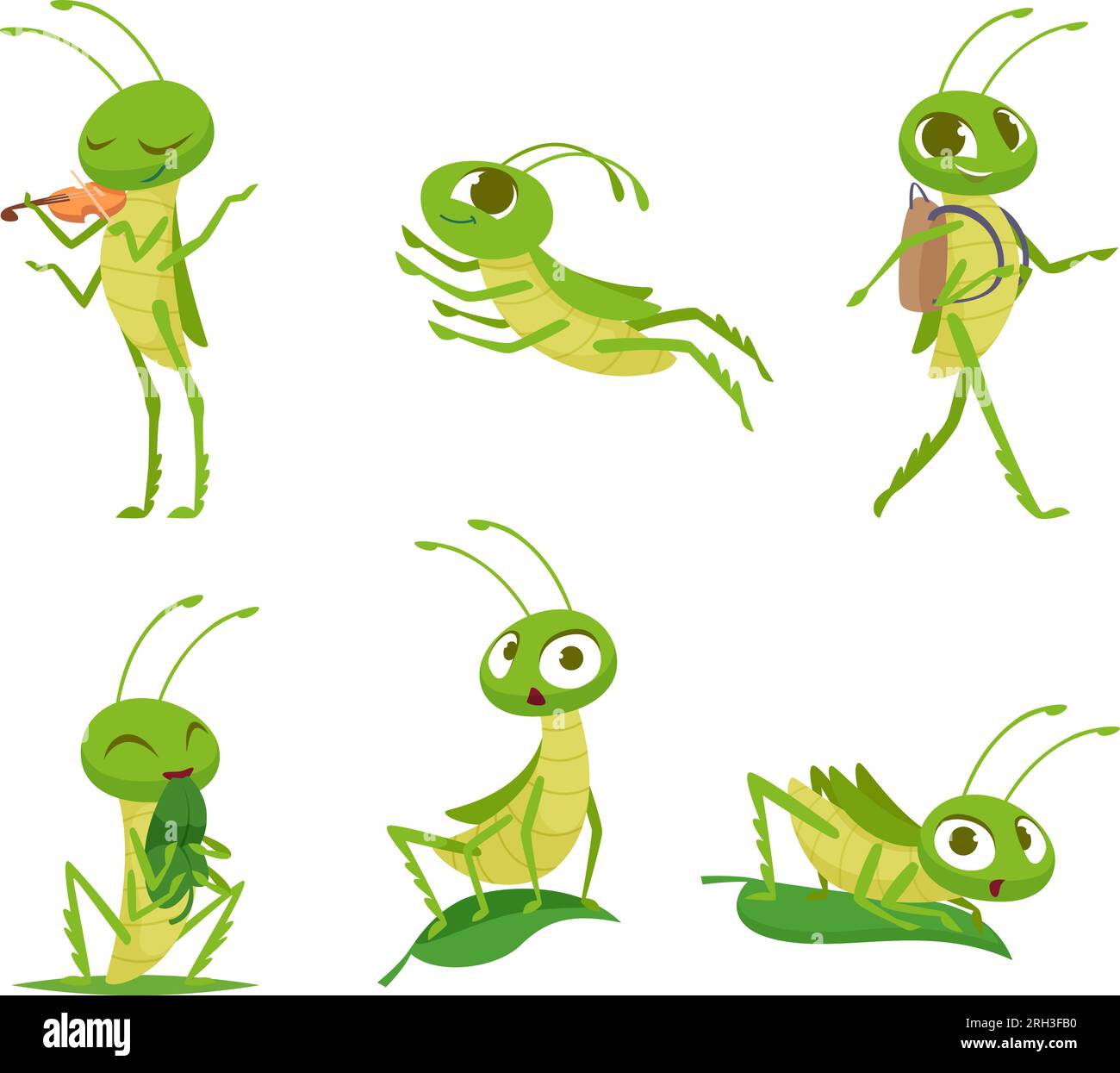 Sauterelle. Insectes mignons de dessin animé en action pose l'ensemble exact de vecteurs de sauterelles Illustration de Vecteur