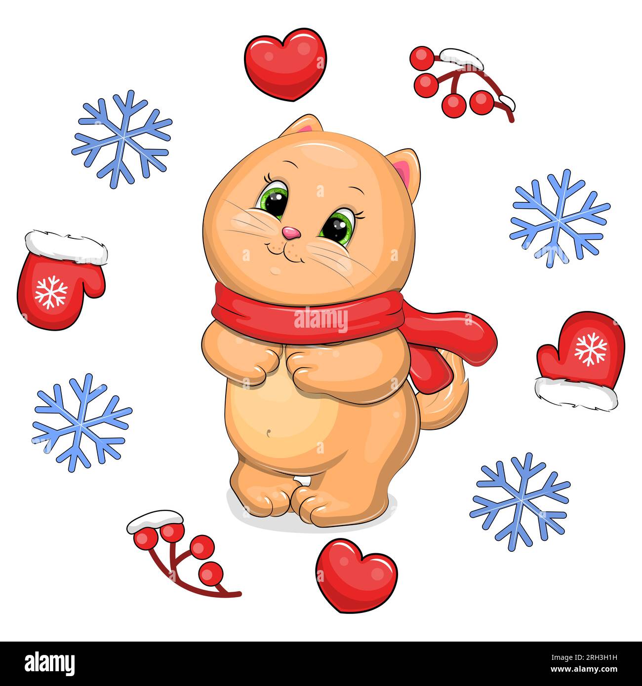 Mignon chat de dessin animé avec une écharpe rouge dans un cadre d'hiver. Illustration vectorielle d'un animal avec des coeurs, des mitaines, des baies, des flocons de neige. Illustration de Vecteur
