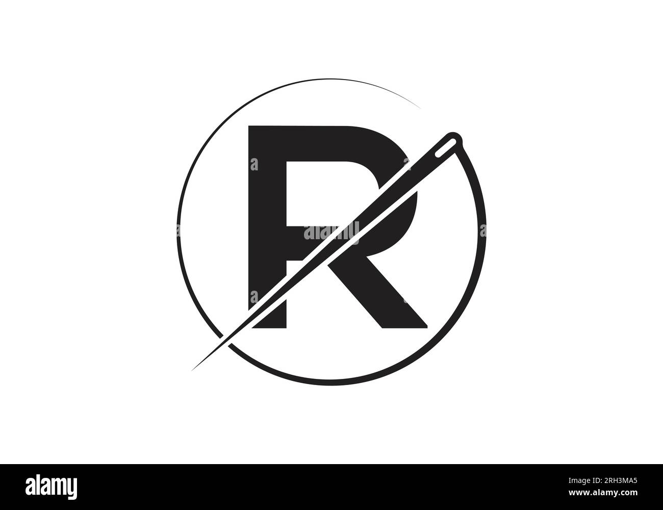 Lettre initiale R avec logo de tailleur, combinaison d'aiguille et de fil pour broderie, textile, mode, tissu, modèle de tissu. Illustration de Vecteur