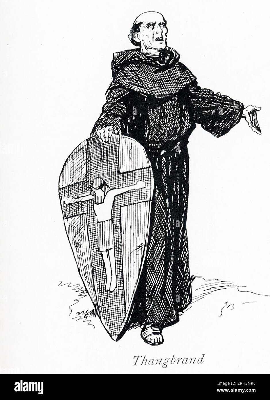 Quand le roi OLAF Trygvason avait été deux ans roi de Norvège (A.D. 997), il y avait un prêtre saxon dans sa maison qui s'appelait Thangbrand (photo ici), un homme passionné, ingouvernable, et un grand tueur d'homme ; mais il était un bon érudit, et un homme intelligent. Le roi ne voulait pas l'avoir dans sa maison à cause de ses méfaits ; mais lui donna la course pour aller en Islande, et apporter cette terre à la foi chrétienne. Banque D'Images
