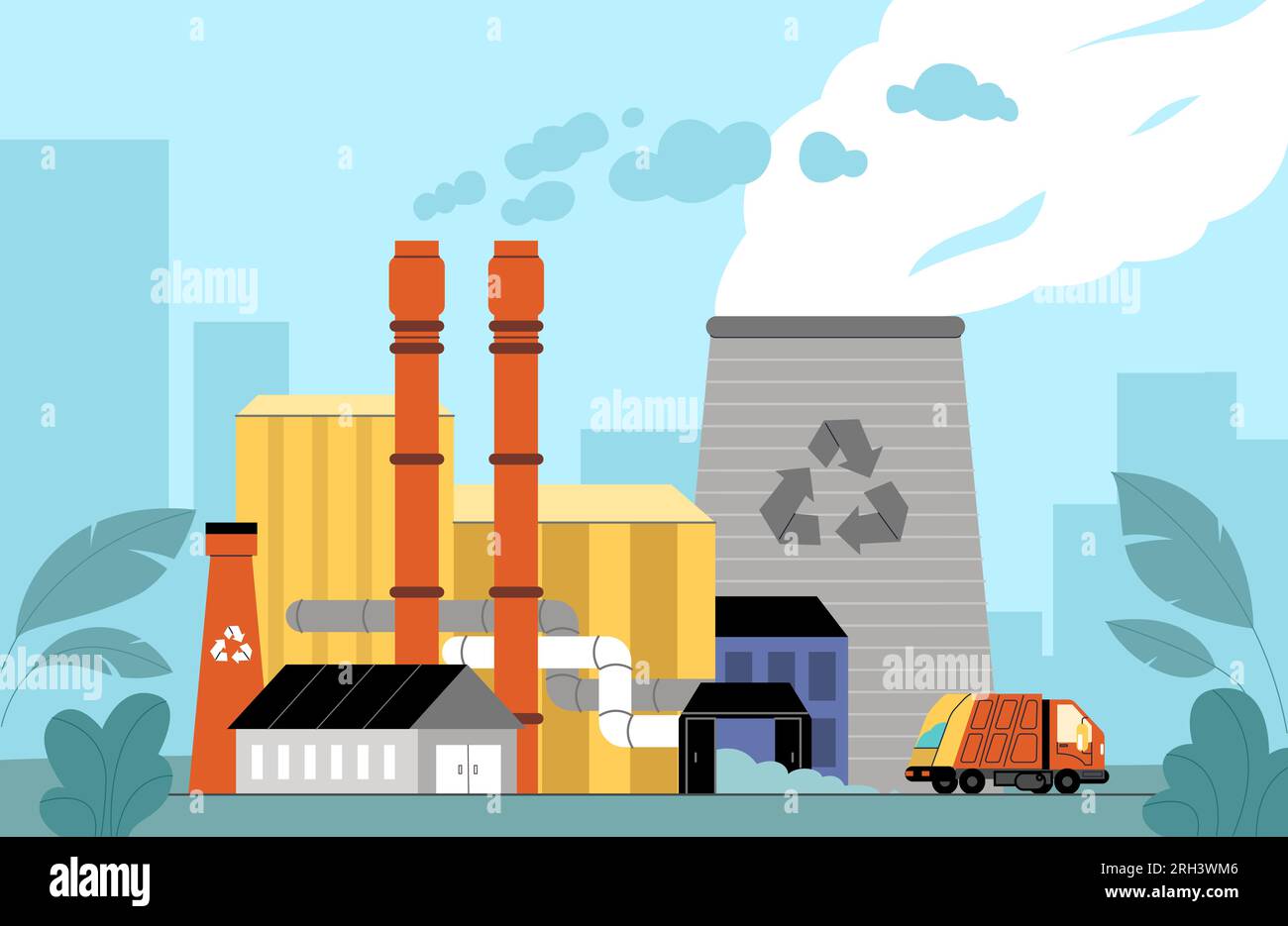 Installation d'incinération. Usine de déchets. Transport des déchets et recyclage. Camion à ordures. Elimination des ordures. Tuyaux de fumée. Pollution de la nature. Industriel Illustration de Vecteur