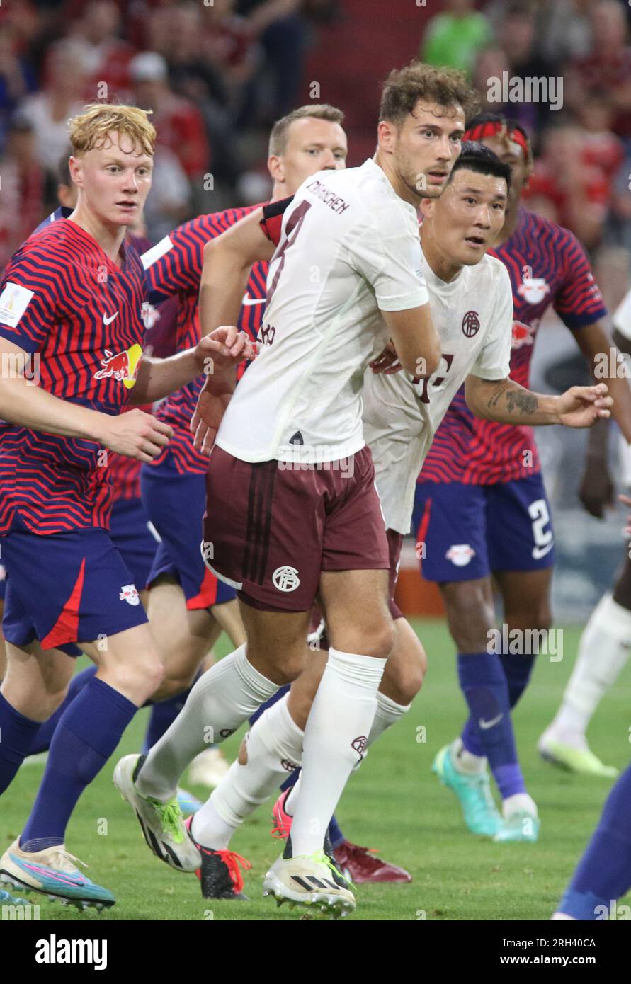 MUNICH, Allemagne. , . 3, Minjae Kim de Corée du Sud maintenant au FC Bayern Muenchen est un joueur nouvellement signé, défenseur dans son premier match pour son club, vu ici lors du match de Supercup football entre le FC Bayern Muenchen et RB LEIPZIG à l'Allianz Arena de Munich le 12. AOÛT 2023, Allemagne. Egalement sur la photo joueur du FC Bayern 8, Leon Goretzka et le joueur du RB Leipzig 13 Nicolas Seiwald, DFL, Fussball, 0:3 (photo et copyright @ ATP images/Arthur THILL (THILL Arthur/ATP/SPP) crédit : SPP Sport Press photo. /Alamy Live News Banque D'Images