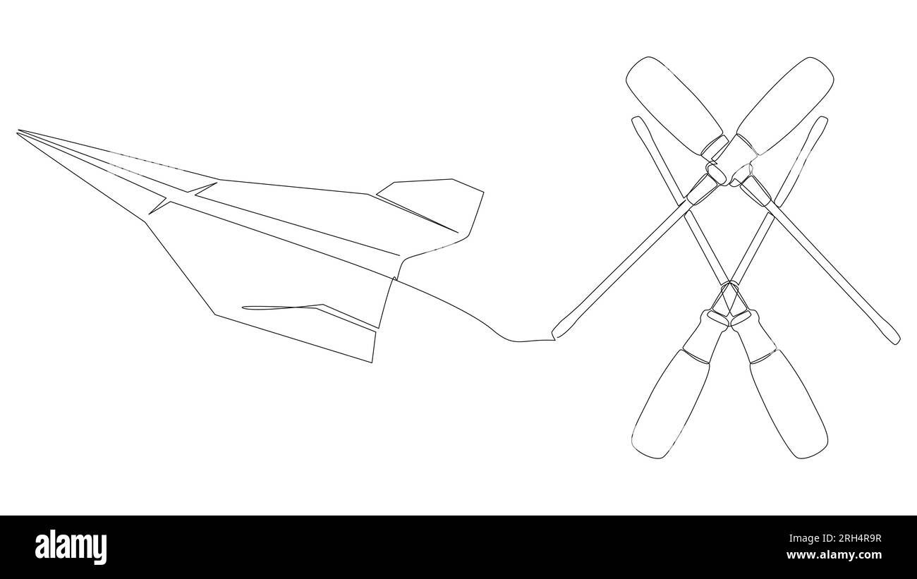 Une ligne continue d'avion en papier avec tournevis. Concept de vecteur d'illustration de ligne mince. Dessin de contour idées créatives. Illustration de Vecteur