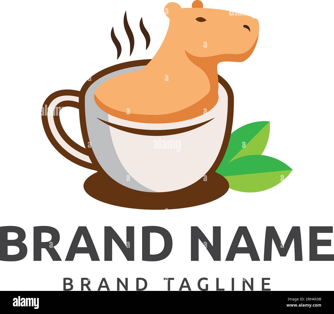 logo café capybara. logo fabriqué à partir de la forme de capybara baignant dans une tasse de café tenant des feuilles de café, modèle de logo capybara. Illustration de Vecteur