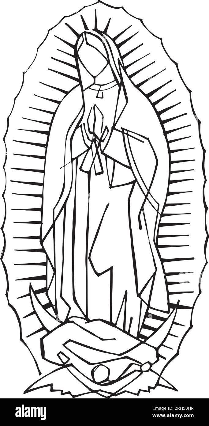 Illustration vectorielle dessinée à la main ou dessin de la Vierge de Guadalupe Illustration de Vecteur