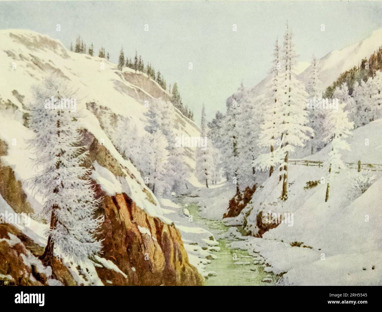 Inn Valley in Winter aquarelle painting from the book ' Austria-Hungary ' by Mitton, G. E. (Geraldine Edith) publication date 1915 London A. and C. Black Banque D'Images