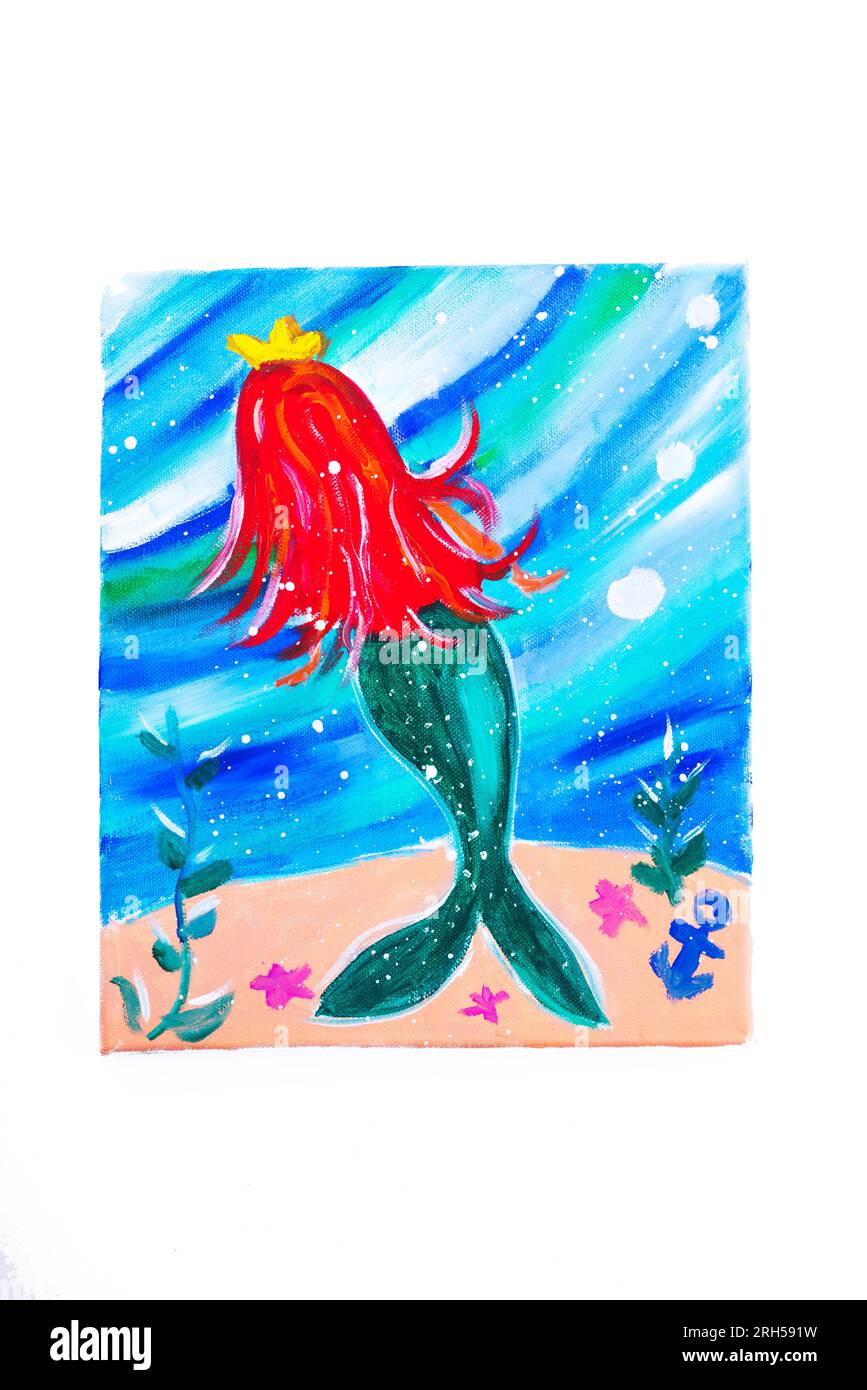 Mermaid aquarelle peinture à l'huile sur toile photo isolé sur fond blanc Banque D'Images