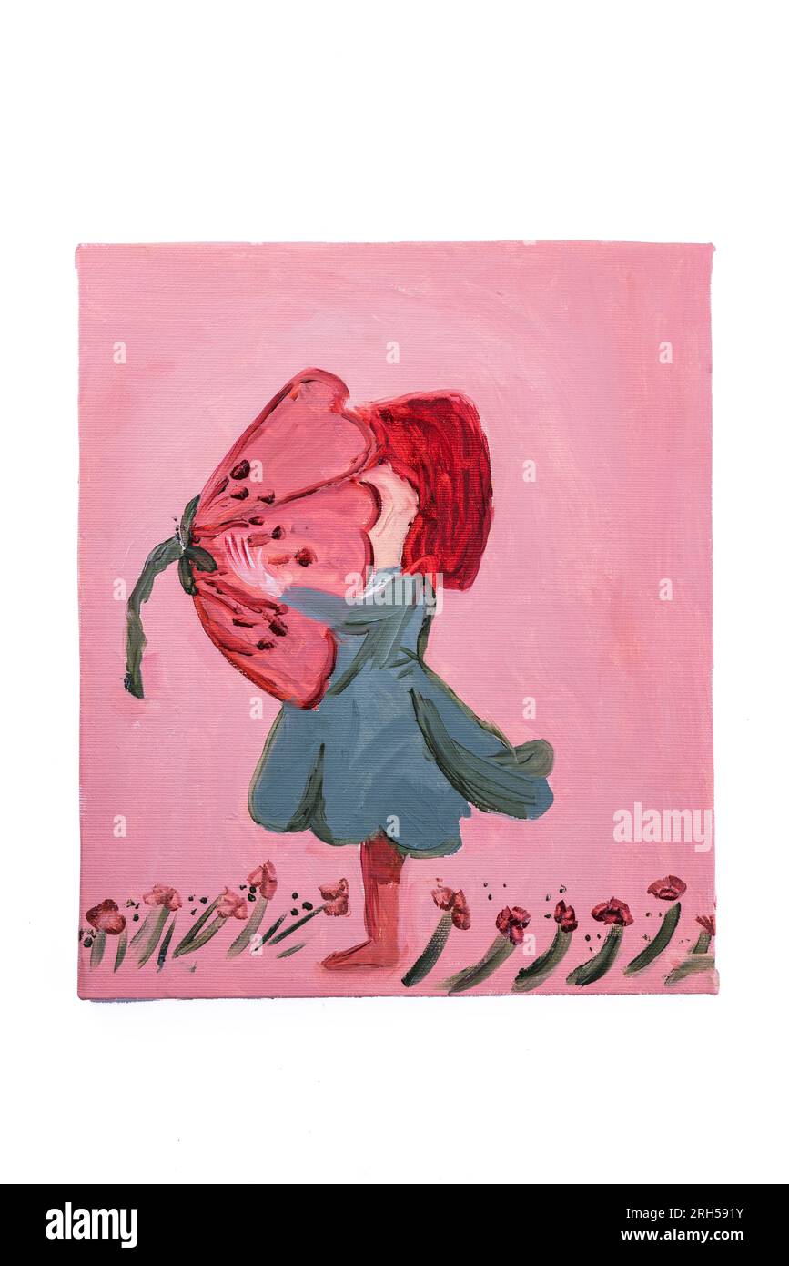 Petite fille en robe dans le champ fleuri de la peinture à l'huile de fleurs sur toile Banque D'Images