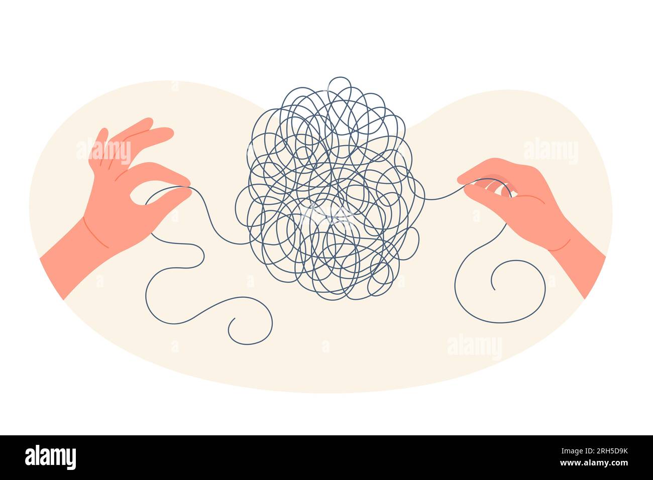 Santé mentale, coaching, psychothérapie pour soigner l'illustration vectorielle de l'esprit. Cartoon mains isolées du coach démêlent nœud de ficelle, apportent de l'ordre au chaos et fouillis sur la séance de psychothérapie Illustration de Vecteur