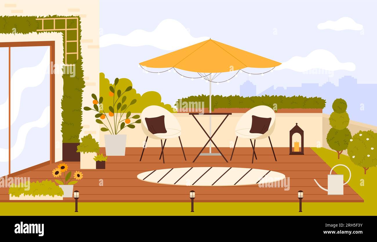 Terrasse sur le toit avec meubles confortables et illustration vectorielle de plantes vertes. Table de balcon en bois de dessin animé et parasol, plantes d'intérieur et chaises confortables avec oreillers, salon extérieur hygge et patio en été Illustration de Vecteur