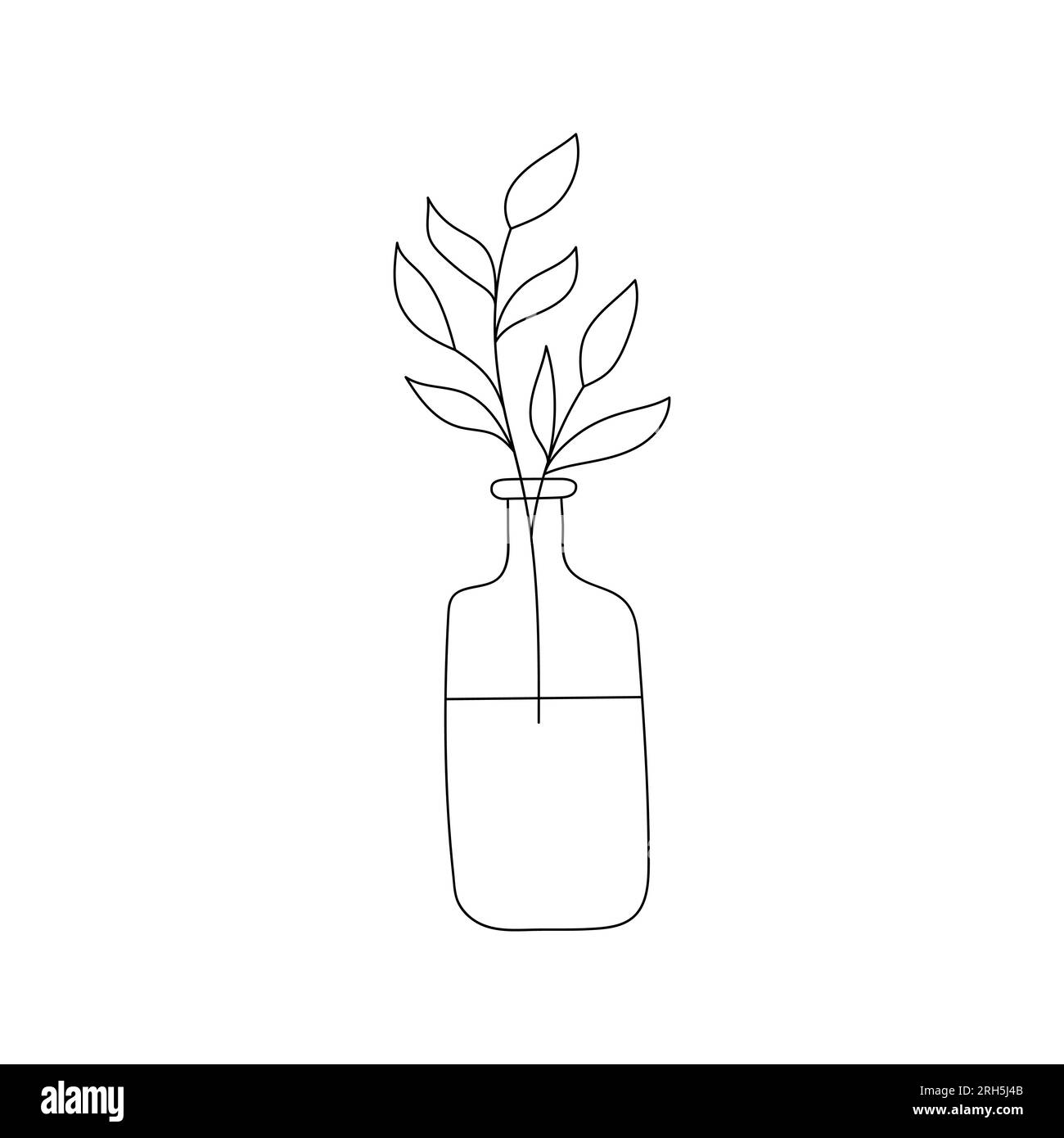 Vase doodle à contour simple avec brindille et feuilles. Décoration intérieure, décoration intérieure. Illustration vectorielle en noir et blanc dessinée à la main isolée sur un b blanc Illustration de Vecteur