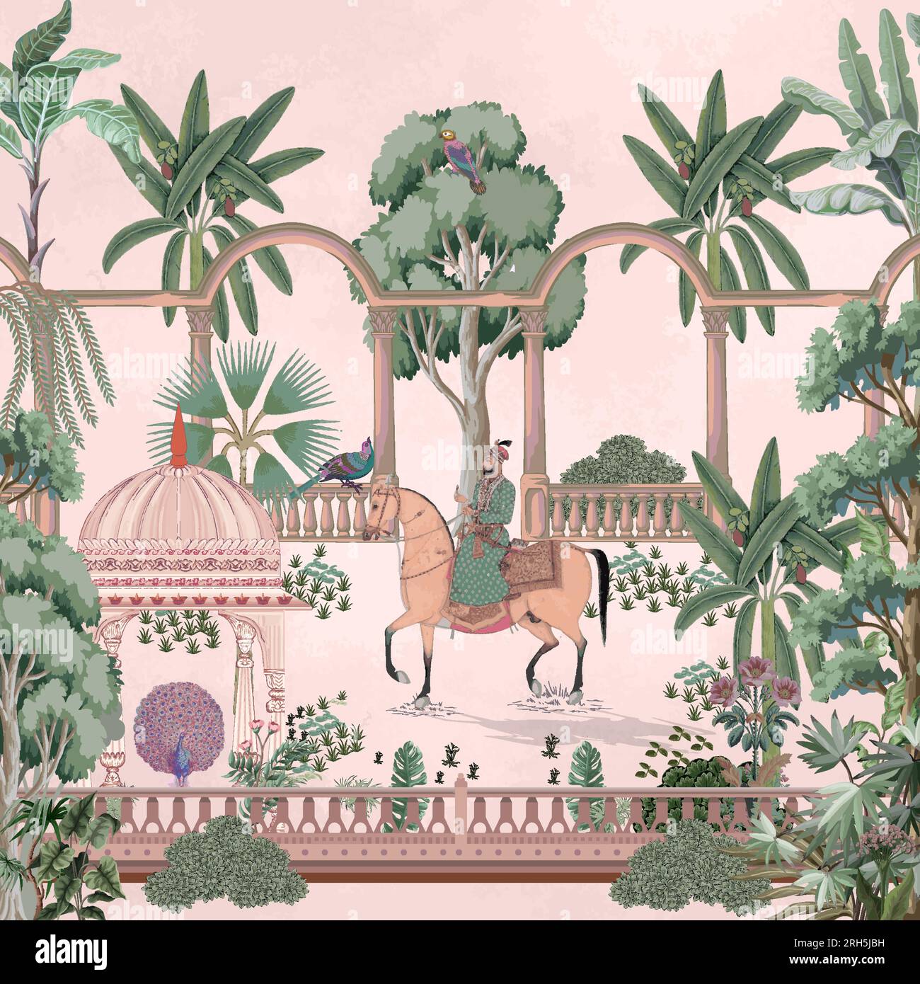 Jardin moghol traditionnel, arbre tropical, arche, temple, paon, illustration vectorielle de cheval, empereur et oiseau pour papier peint. Illustration de Vecteur