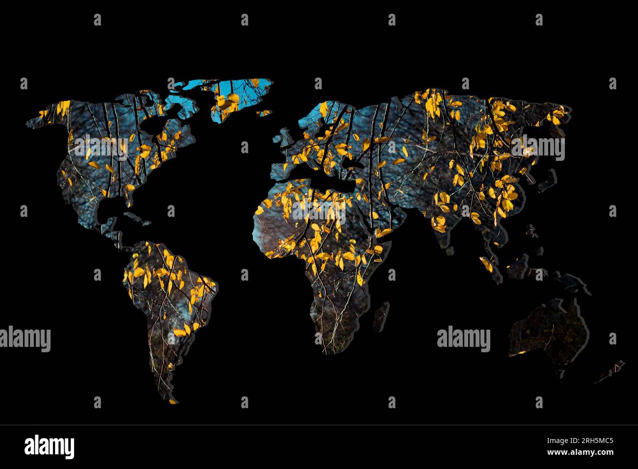 Carte du monde grossièrement esquissée avec des feuilles d'automne sèches remplissant Banque D'Images