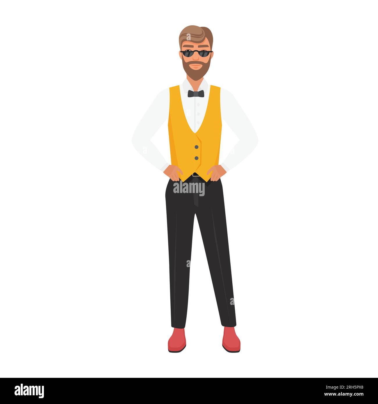 Cool homme hipster avec les mains sur les hanches. Garçon sérieux dans l'illustration de dessin animé vectoriel costume classique Illustration de Vecteur