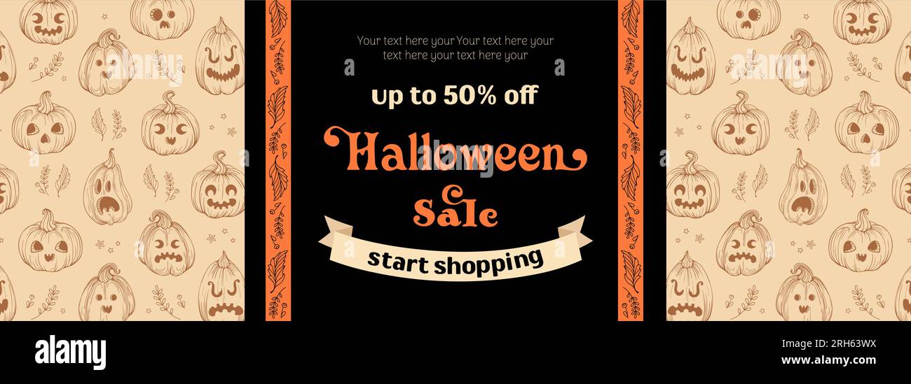 Bonne vente halloween. Bannière horizontale lumineuse dans un style esquissé. Lettrage vintage, motif. Citrouilles dans le style dessiné à la main avec des visages effrayants et drôles. Illustration de Vecteur