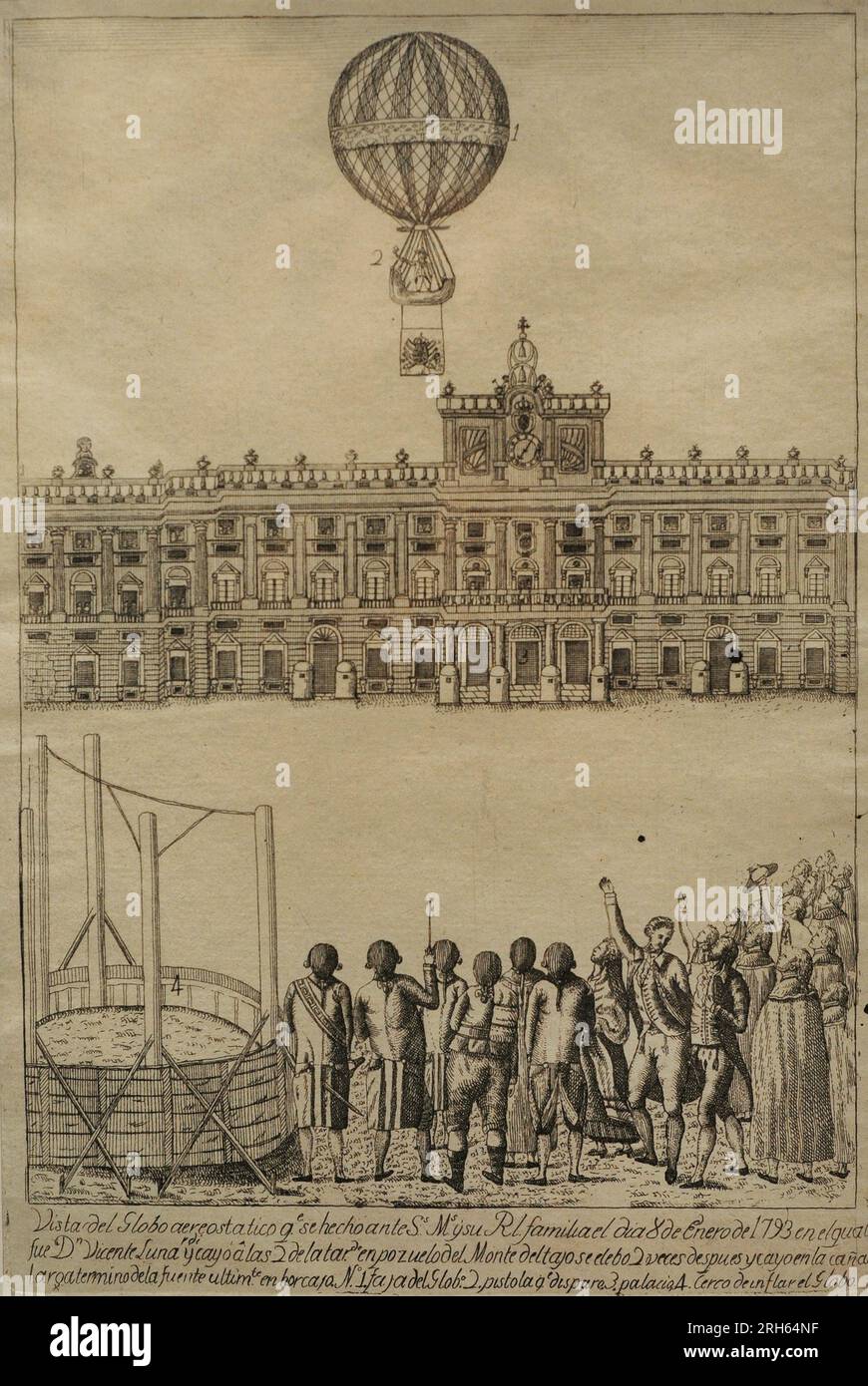 Histoire du transport aérien. 18e siècle. Vol d'essai en ballon de Vicente Lunardi (1754-1806) devant le roi Charles IV et toute la famille royale, le 8 janvier 1793. Gravure sur papier par Jose Rodriguez. Musée d'Histoire, Madrid, Espagne. Banque D'Images