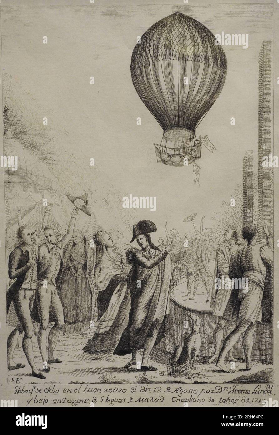 Ascension en montgolfière de Vicente Lunardi (1754-1806) sur le Buen Retiro, 12 août 1792. Gravure sur papier, ca.1793. Musée d'Histoire, Madrid, Espagne. Banque D'Images