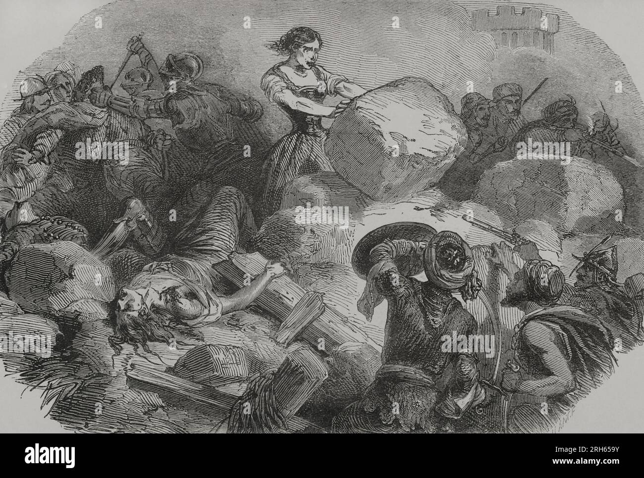 Hongrie. Siège d'Eger (1552). Les troupes ottomanes sous le commandement de Kara Ahmed Pacha assiègent le château d'Eger dans la partie nord du Royaume de Hongrie. Les défenseurs, menés par Istvan Dobo, repoussent les attaques et défendent le château. Défense héroïque par les habitants d'Eger. Gravure de Trichon et Janet Lange. 'Los Heroes y las Grandezas de la Tierra' (les héros et les Grandeurs de la Terre). Volume VI 1856. Banque D'Images