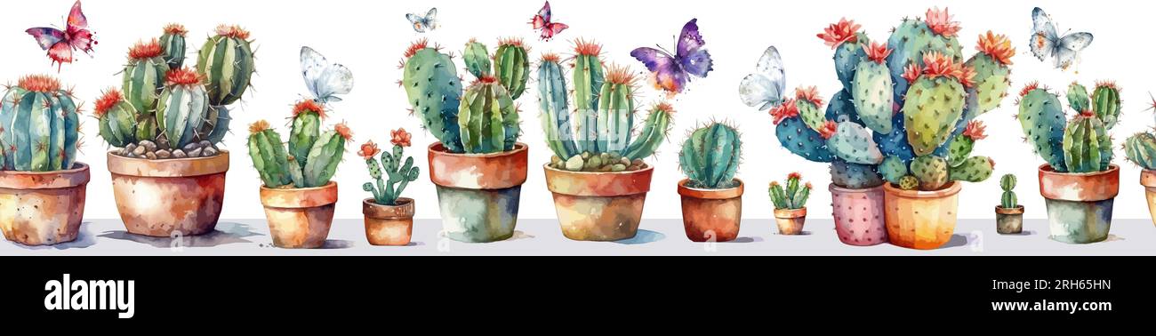 Magnifique cactus aquarelle en pots de fleurs sans couture. Illustration vectorielle Illustration de Vecteur