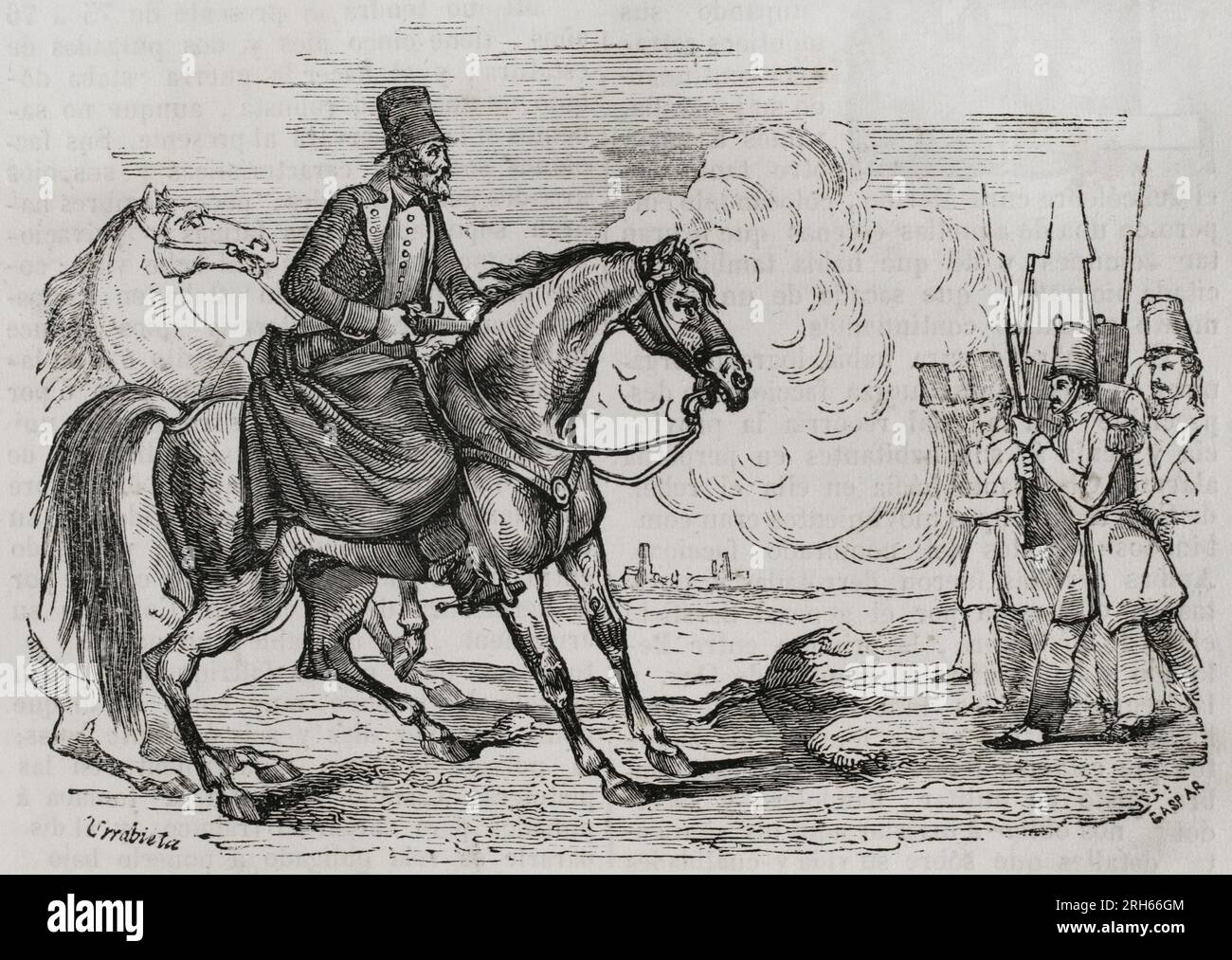 Espagne. Première guerre carliste (1833-1840). Guerre civile qui a opposé les Carlistes, partisans de l'Infant Carlos Maria Isidro de Borbon, contre les Isabelinos (Elizabethans), défenseurs d'Isabel II et la régente Maria Cristina de Borbon. Jeronimo Merino Cob, connu sous le nom de Cura Merino (1769-1844), un guérilla et héros pendant la guerre d'indépendance, qui a rejoint le camp carliste pendant le conflit. Illustration de Vicente Urrabieta. Gravure par Gaspar. Panorama Espanol, Cronica Contemporanea. Madrid, 1842. Banque D'Images