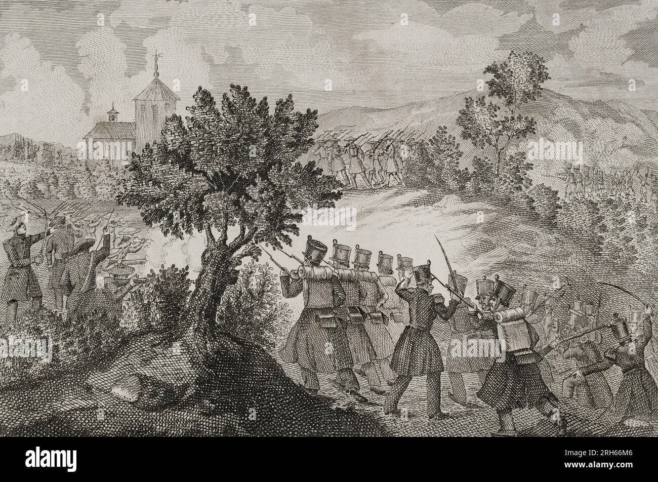 Espagne. Première guerre carliste (1833-1840). Guerre civile qui a opposé les Carlistes, partisans de l'Infant Carlos Maria Isidro de Borbon, contre les Isabelinos (Elizabethans), défenseurs d'Isabel II et la régente Maria Cristina de Borbon. Action armée près de la Antigua. Pays Basque. Illustration de Zarza. Gravure de Jose Gomez. Panorama Espanol, Cronica Contemporanea. Madrid, 1842. Banque D'Images