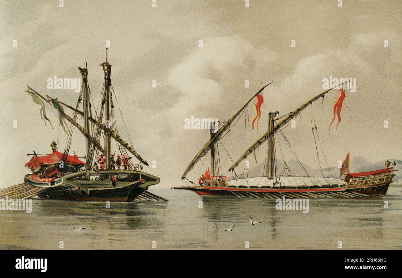 Histoire de la navigation. galères du 16e siècle. Chromolithographie. Historia General de Espana, par Modesto Lafuente. Volume II Publié à Barcelone, 1879. Banque D'Images