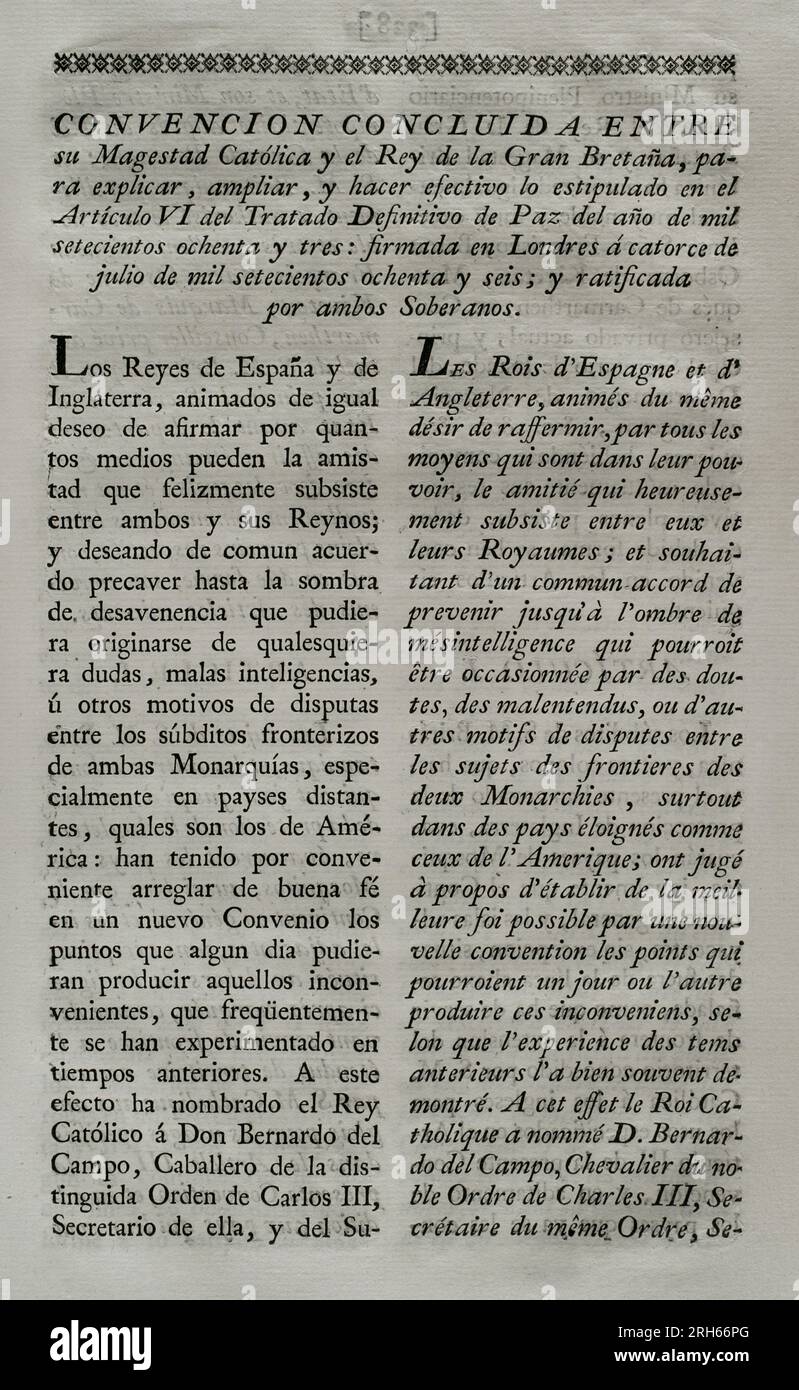 Convention de Londres (1786). Convention conclue entre le roi d'Espagne et le roi de Grande-Bretagne, pour expliquer, étendre et donner effet aux dispositions de l'article VI du traité de paix définitif de 1783. Il fut signé à Londres le 14 juillet 1786 et ratifié par les deux souverains (Charles III et George III d'Angleterre). L'accord portait sur le statut des colonies britanniques sur la côte des moustiques en Amérique centrale. La Grande-Bretagne a évacué ces colonies et, en échange, l'Espagne a étendu le territoire disponible pour les bûcherons britanniques sur la péninsule du Yucatan. Collecte de la trea Banque D'Images