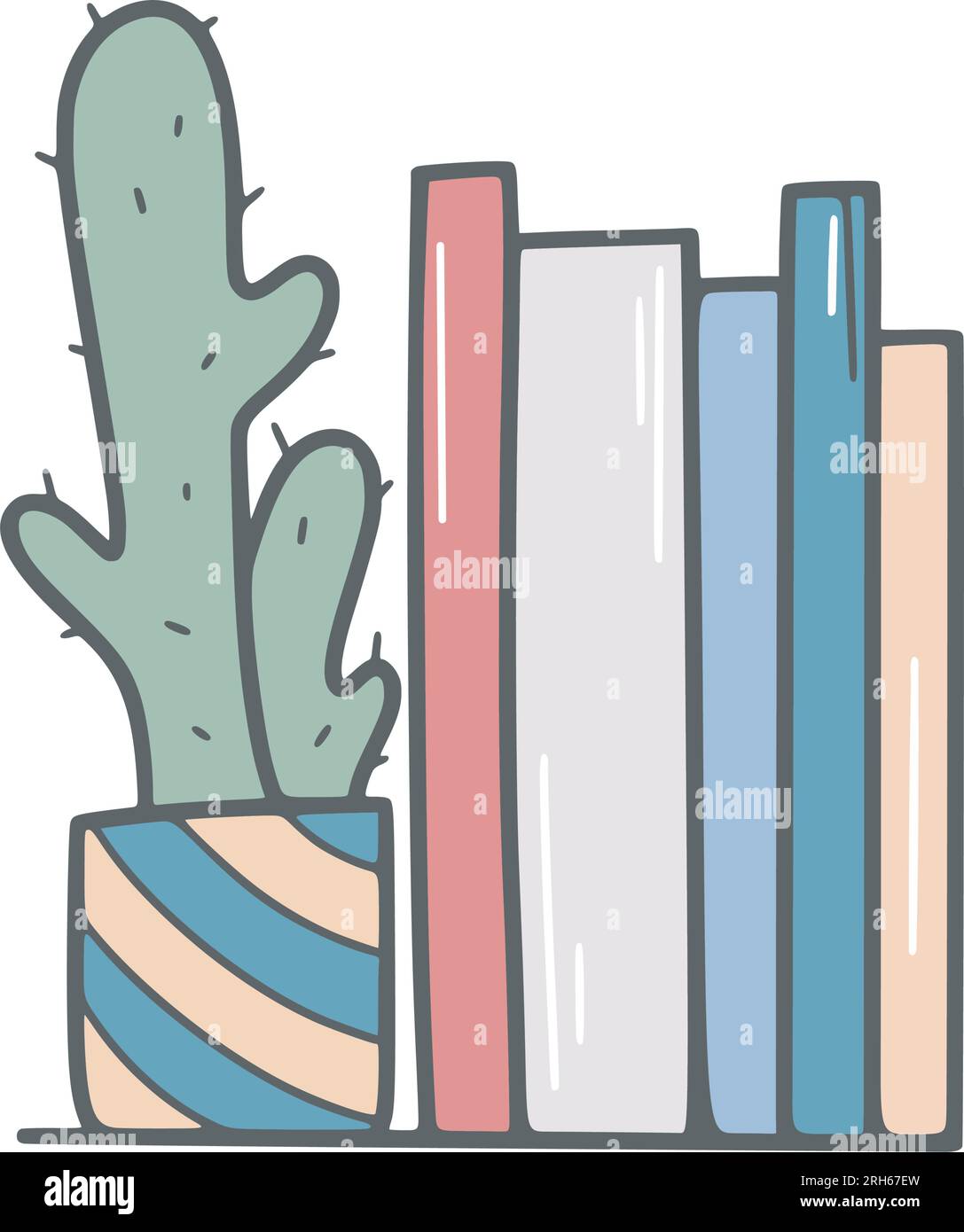 Illustration vectorielle dessinée à la main par bibliothèque et cactus. Étagère à la maison avec manuels et plantes d'intérieur. Lecture de livres concept style doodle Illustration de Vecteur
