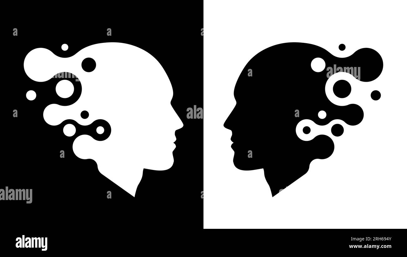 2 visages noirs et blancs abstraits de profil. Formation artistique. Illustration vectorielle Illustration de Vecteur