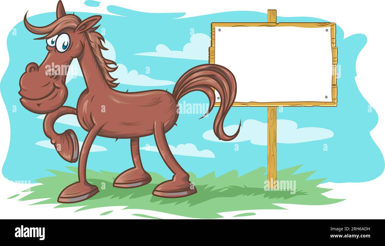 Galopant Cartoon Horse avec fond et enseigne. illustration vectorielle Illustration de Vecteur