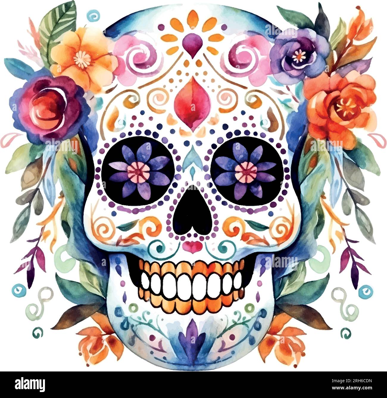 Jour du mort crâne mexicain coloré avec des fleurs illustration aquarelle sur fond blanc Illustration de Vecteur