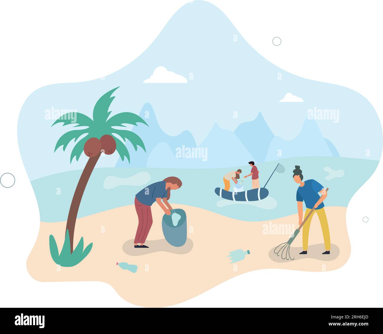 Nettoyage de plage. Les bénévoles protègent les côtes de la mer de la pollution. Les gens ramassent les ordures sur les plages. Protection de l'environnement .illustration vectorielle plate. Illustration de Vecteur