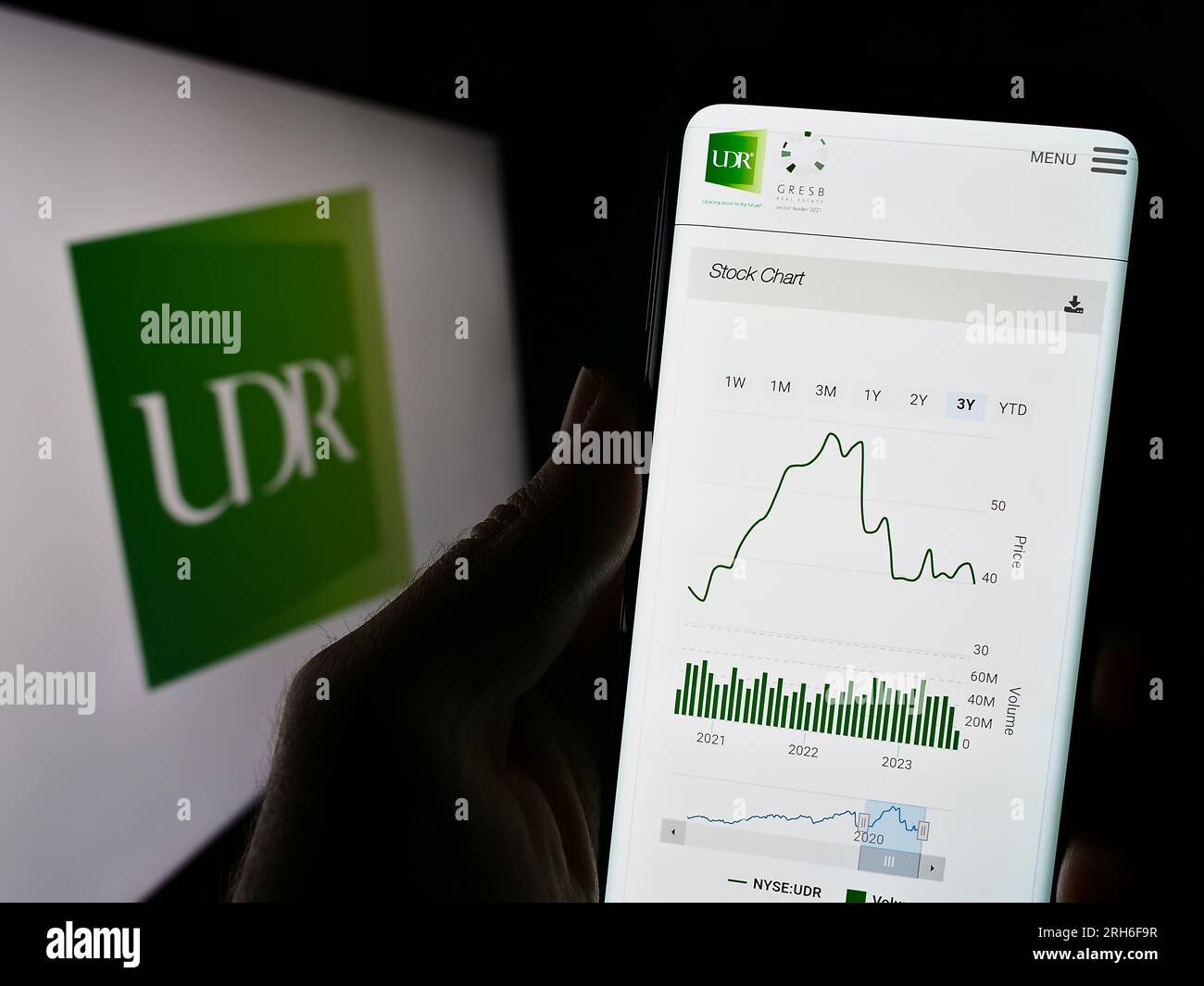 Personne tenant le téléphone portable avec la page Web de la société immobilière américaine UDR Inc. Sur l'écran devant le logo de l'entreprise. Concentrez-vous sur le centre de l'écran du téléphone. Banque D'Images