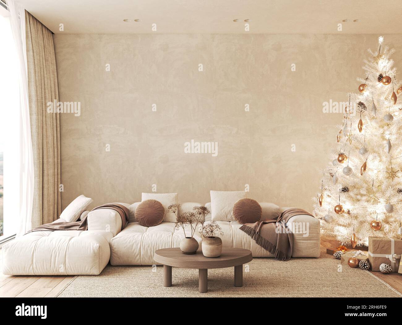 Salon contemporain scandi Boho blanc beige avec canapé et décor - fond de moquette. Grand arbre de Noël japonais moderne et vue sur la nature. 3d Banque D'Images